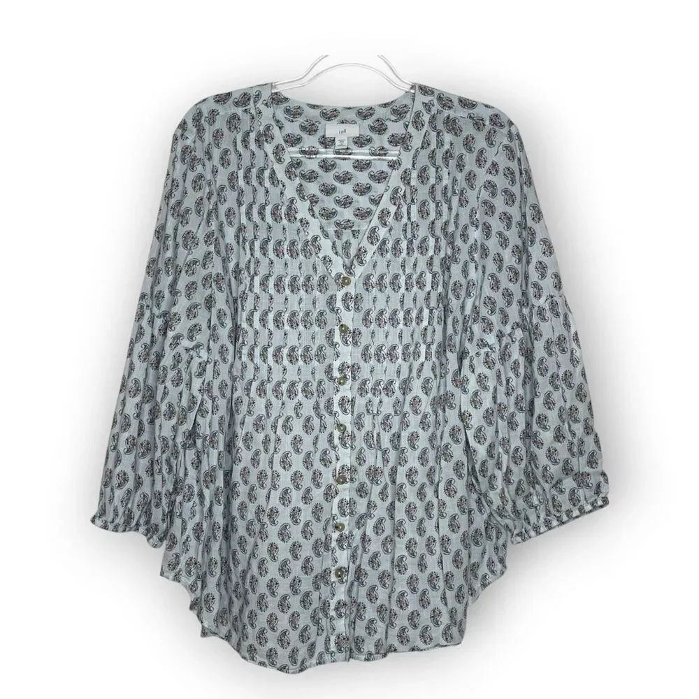 J. Jill Blue Peasant Paisley Blouse Pintuck Pleated Tunic Button Up Women’s 2X